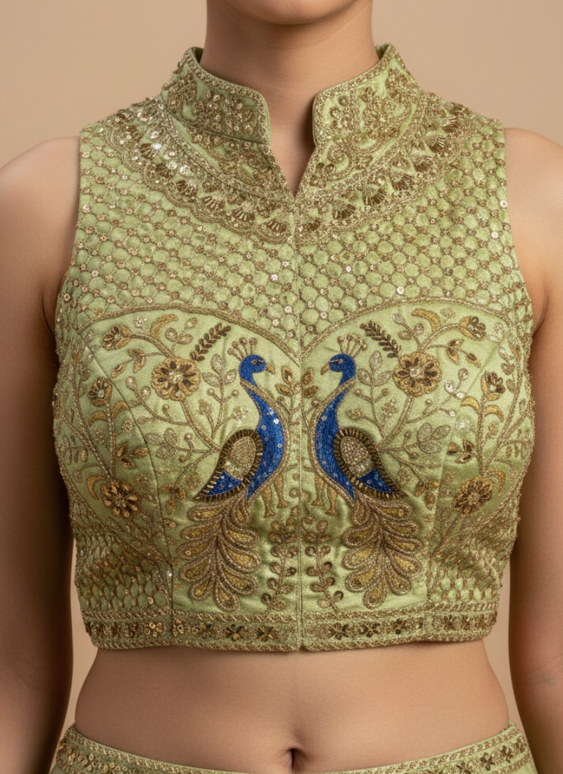 Peacock Silk Party Blouse with Hand Work