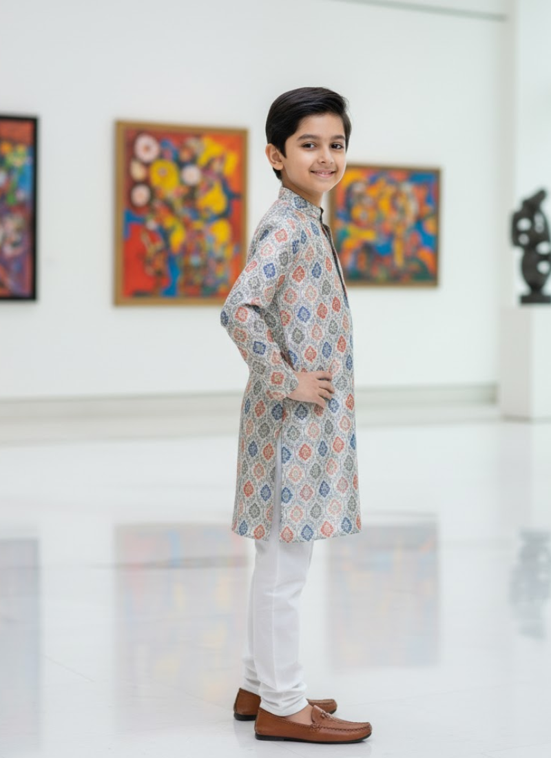 Multicolor Kurta with White Cotton Pyjama – Kids Ethnic Set