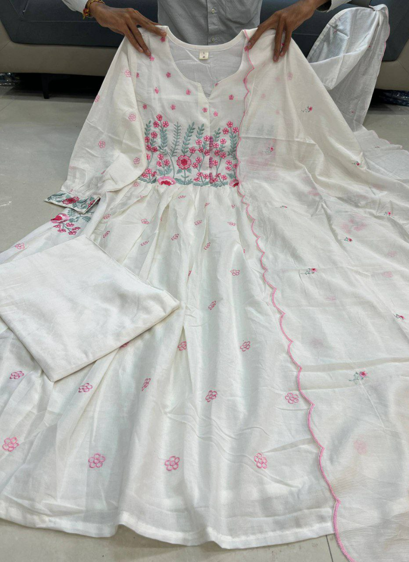 Mul Mul Cotton Punjabi Suit with Floral Embroidery & Scallop Dupatta