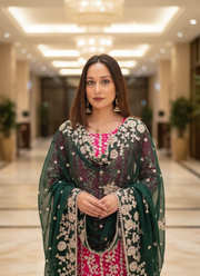 Pakistani Bandhini Chiffon Suit – Pink & Green Gota Patti Elegance 3
