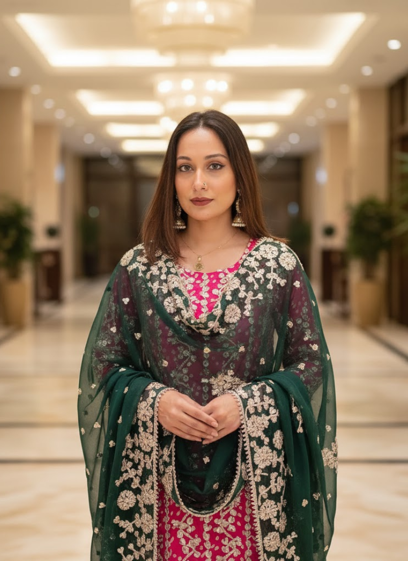 Pakistani Bandhini Chiffon Suit – Pink & Green Gota Patti Elegance