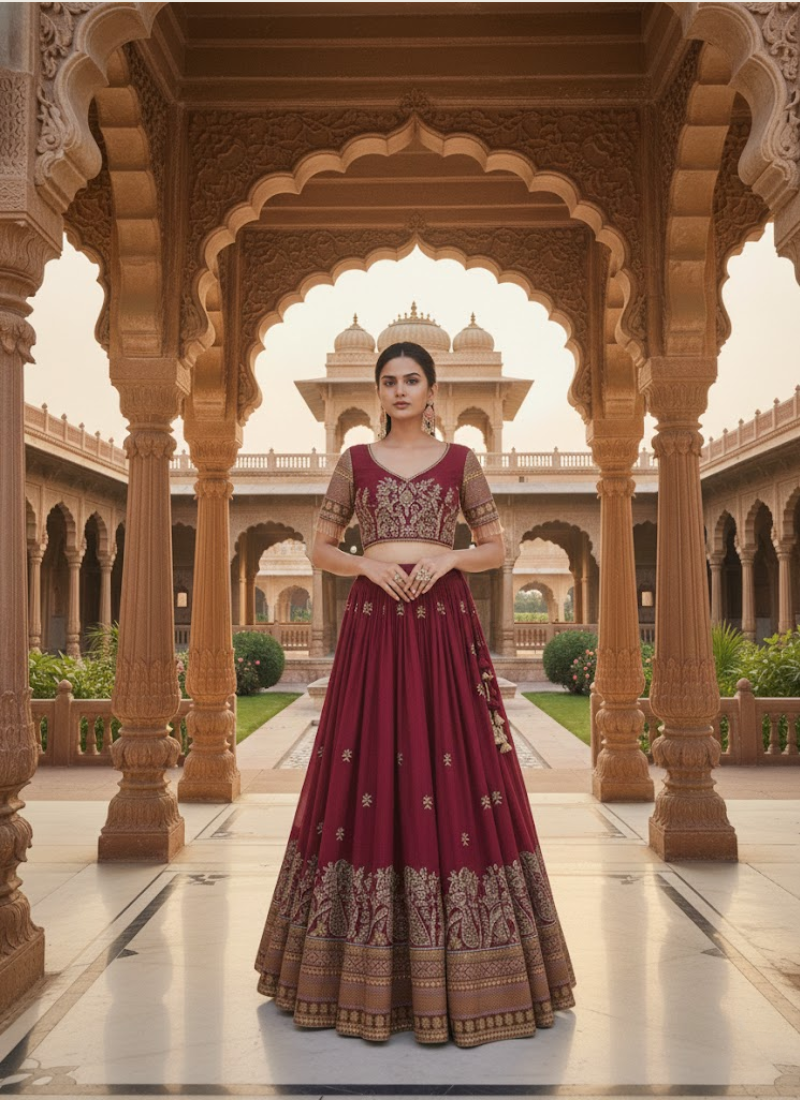 Pure Vichitra Embroidered Lehenga Choli Ensemble