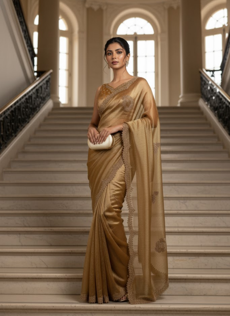 Pink Copper Silk Saree – Jarkhan Diamond Work with Matching Blouse