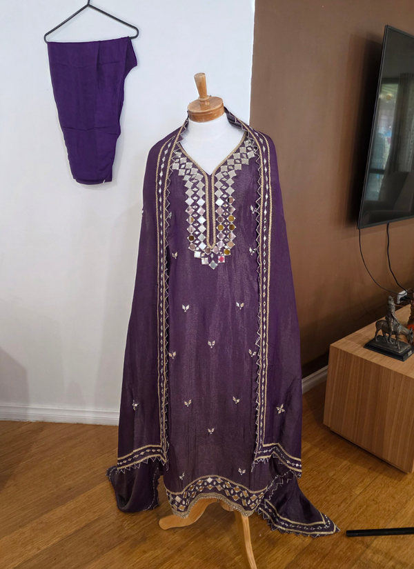 Dark Purple Shimary Silk Salwar Suit with Mirror Work