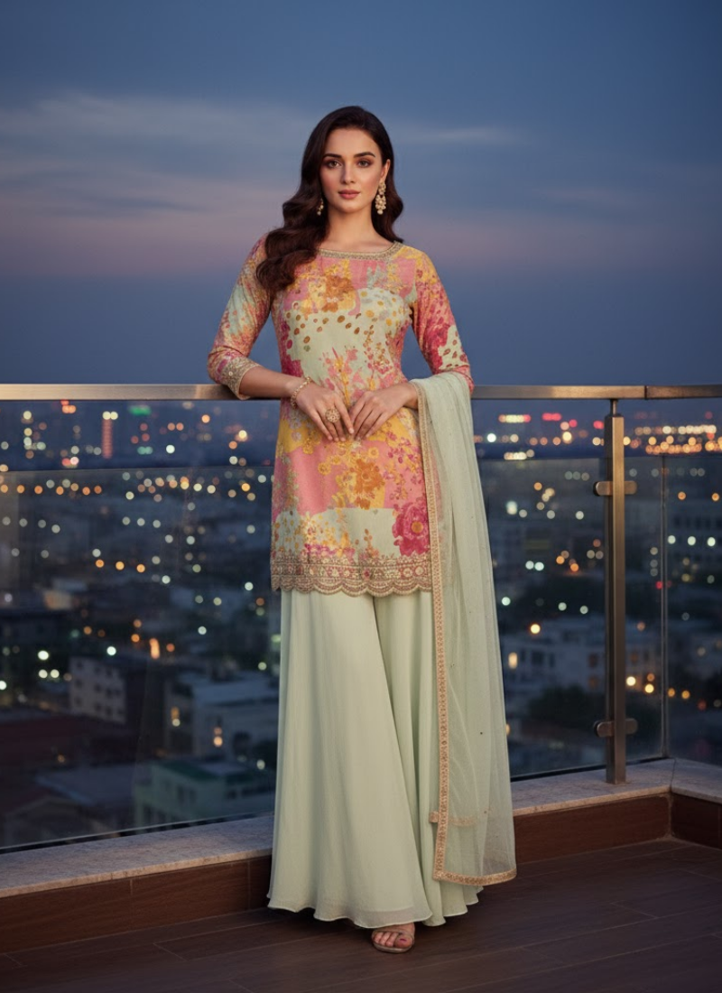 Off-White Floral Chinon Silk Sharara Suit – Elegant Sharara Set