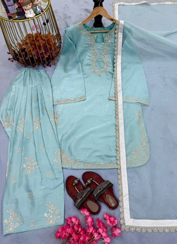 Roman Silk Palazzo Set with Organza Dupatta