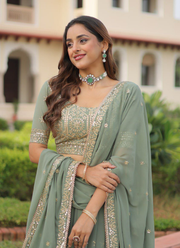 Faux Georgette Lehenga Choli with Sequins & Zari Embroidery + Lace Dupatta 4