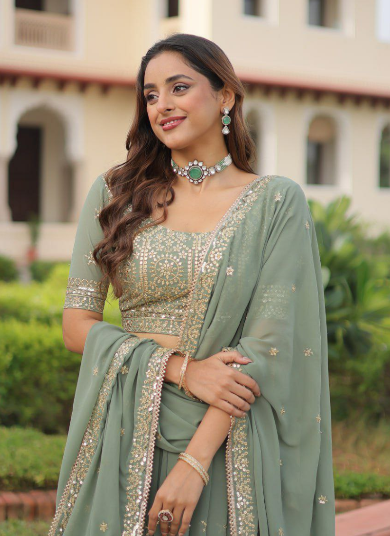Faux Georgette Lehenga Choli with Sequins & Zari Embroidery + Lace Dupatta
