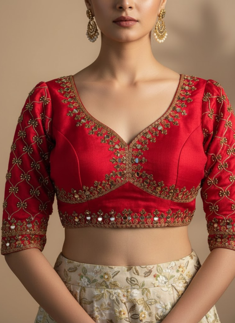 Italian Silk Women’s Blouse with Jari, Sequins & Beads Work (Front‑Open Design)