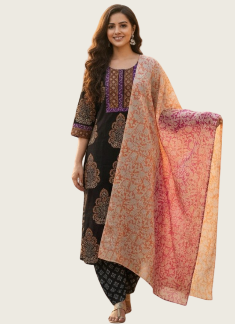 Cotton Block Printed Salwar Suit – Black & Orange