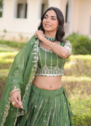 Olive Green Gold Crush Lehenga Choli with Sequins & Zari Embroidery + Designer Dupatta 4