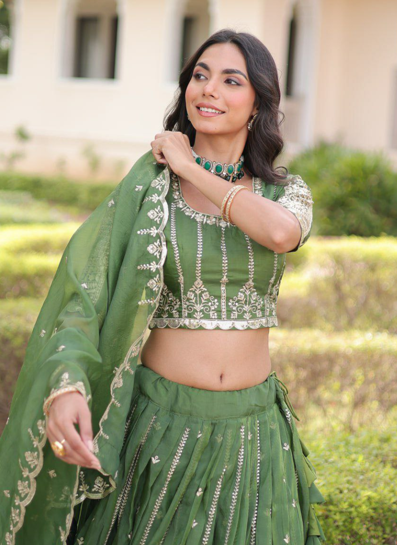 Olive Green Gold Crush Lehenga Choli with Sequins & Zari Embroidery + Designer Dupatta