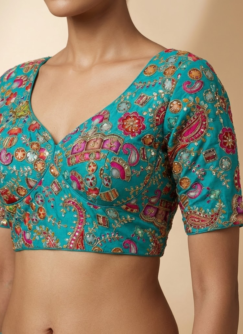 Luxury bridal blouse with velvet fabric, cotton lining, premium padding, and trendy colors.