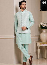 Indian Silk Kurta Pant Set with Jacquard Koti For Men 3