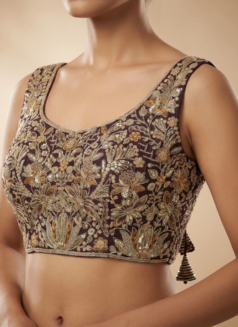 Elegant sleeveless blouse in velvet fabric, front open style with handmade hooks, partywear design.