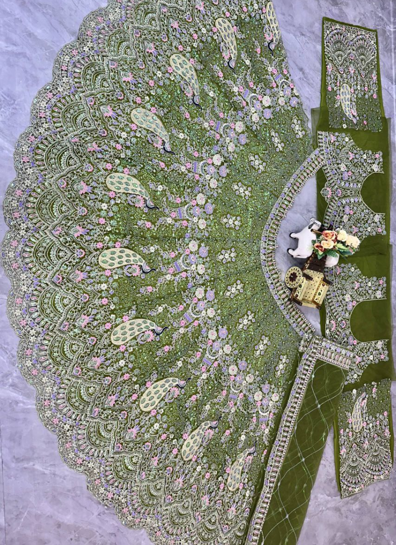 Mehendi Green Butterfly Net Lehenga Choli with Sequins & Coding Embroidery + Dupatta