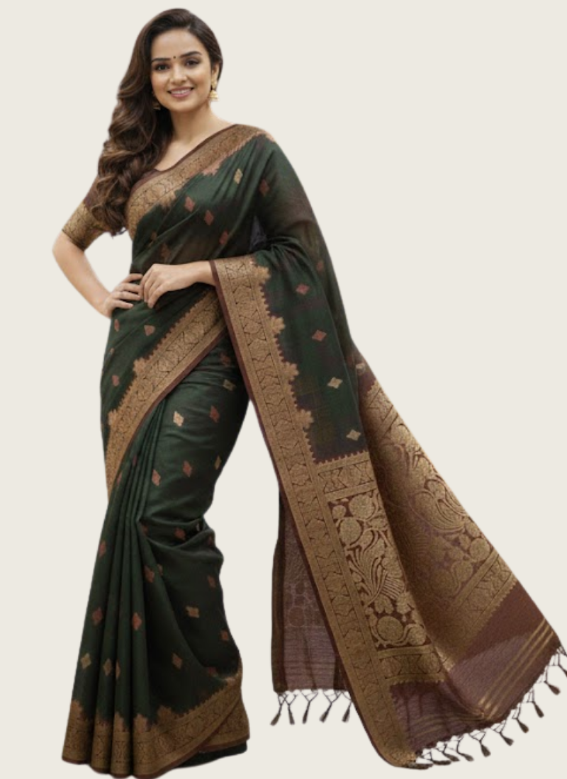 Deep Forest Green Katan Silk Saree with Blouse
