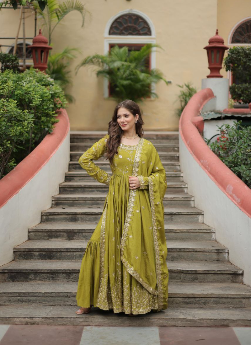 Parrot Green Anarkali Gown in Chinon with Sequins Embroidery + Sharara & Dupatta