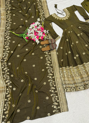 Vichitra Silk Anarkali Gown with Sequins Embroidery + Pant & Dupatta 10