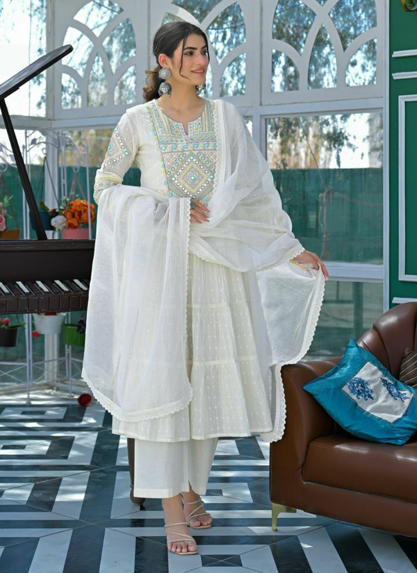 White Anarkali Gown in Flex Butti Cotton with Embroidery + Kota Dupatta