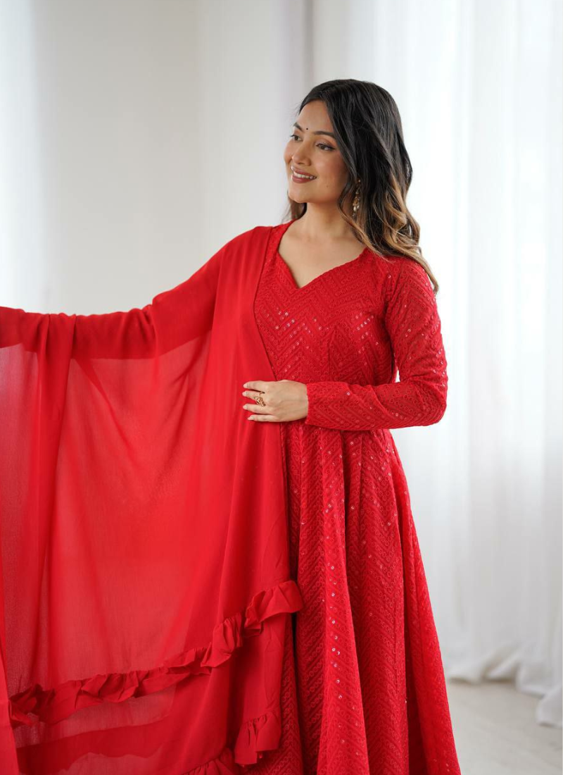 Red Fox Georgette Anarkali Suit with Sequins Work & Ruffle Dupatta