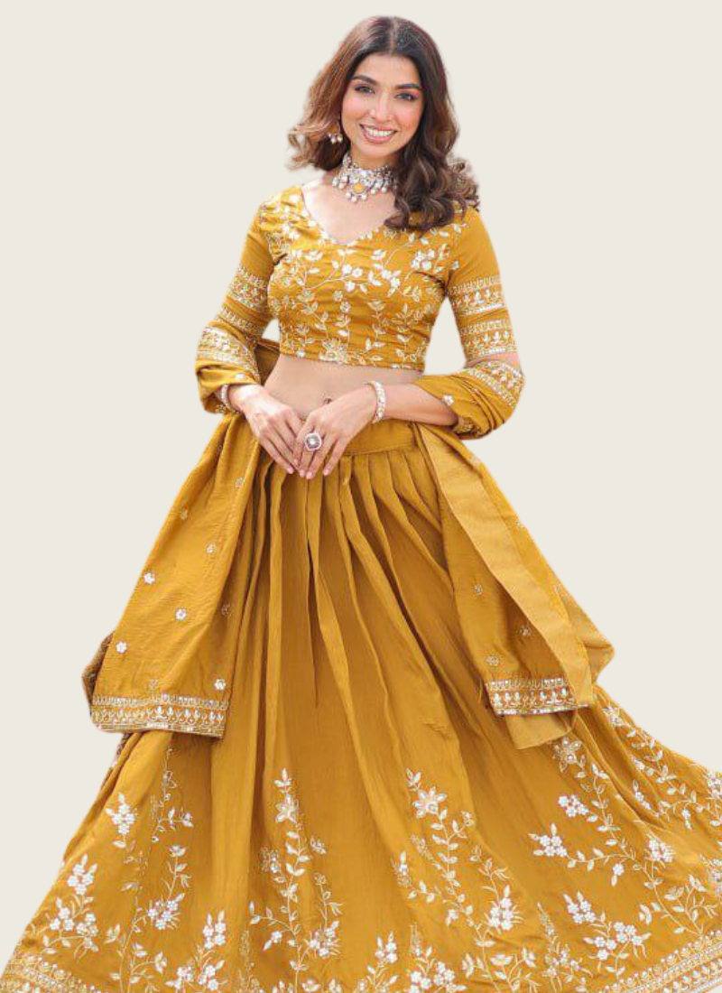 Mustard Yellow Vichitra Silk Lehenga Choli with Heavy Sequins & Zari Embroidery + Dupatta