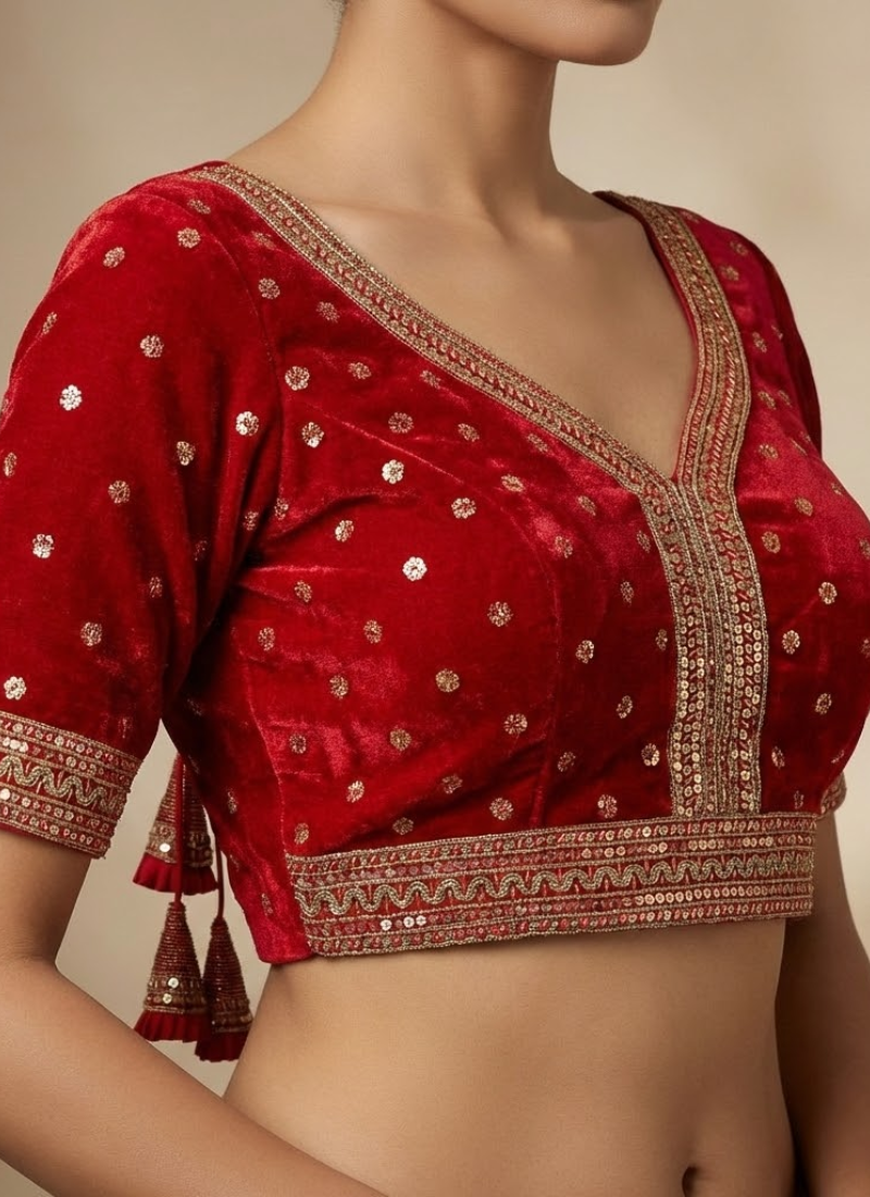 Women’s velvet bridal blouse with heavy embroidery, padded fit, back open style, and festive design.