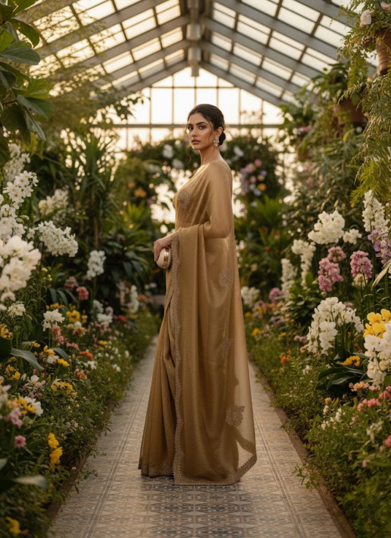 Pink Copper Silk Saree – Jarkhan Diamond Work with Matching Blouse