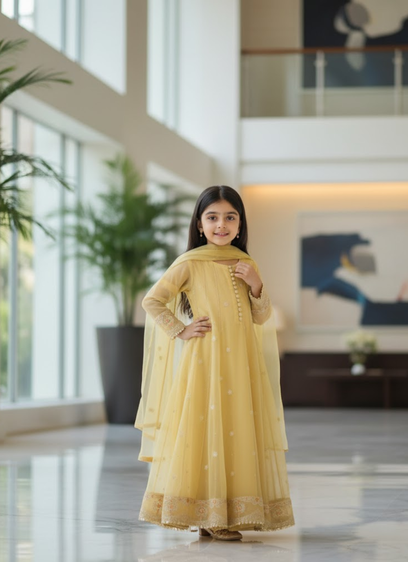 Beige Organza Kids Anarkali Dress – Elegant Ethnic Wear