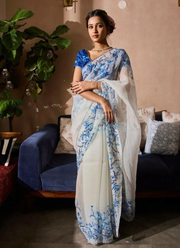 Soft Tebby Silk Saree with Floral Print, Beads & Katdana Handwork + Blouse Piece 4