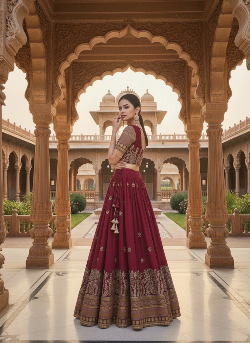 Pure Vichitra Embroidered Lehenga Choli Ensemble