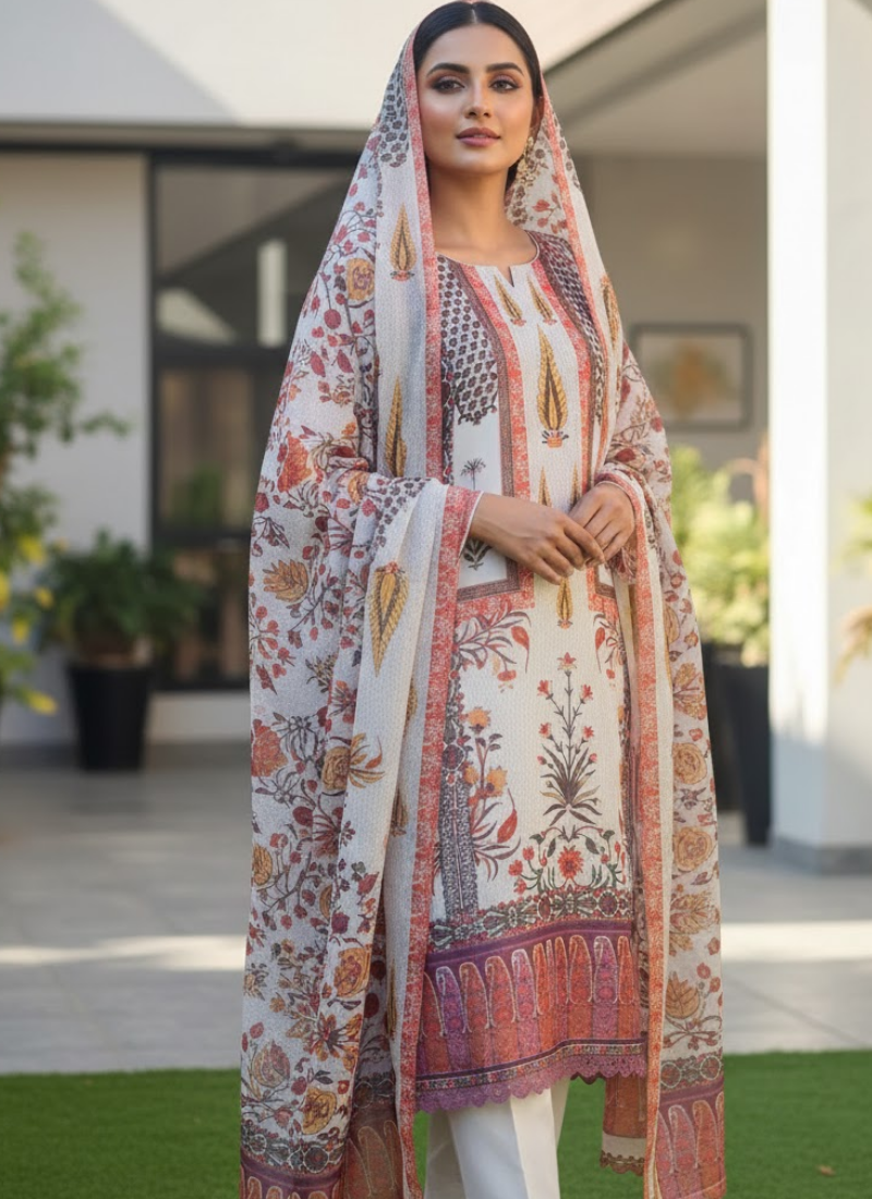 Pakistani Satin 3-Piece Salwar Suit – Elegant Kota Dupatta Ensemble