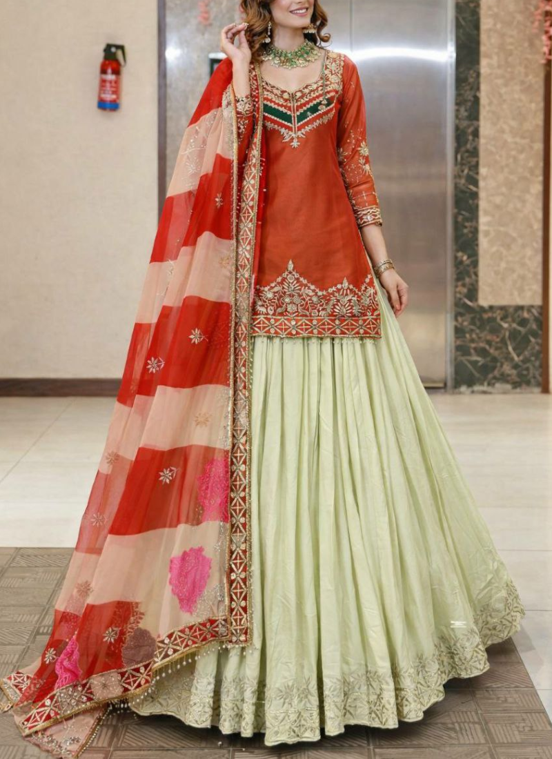 Red Crunchy Silk Sharara Suit with Heavy Sequins Embroidery + Dupatta