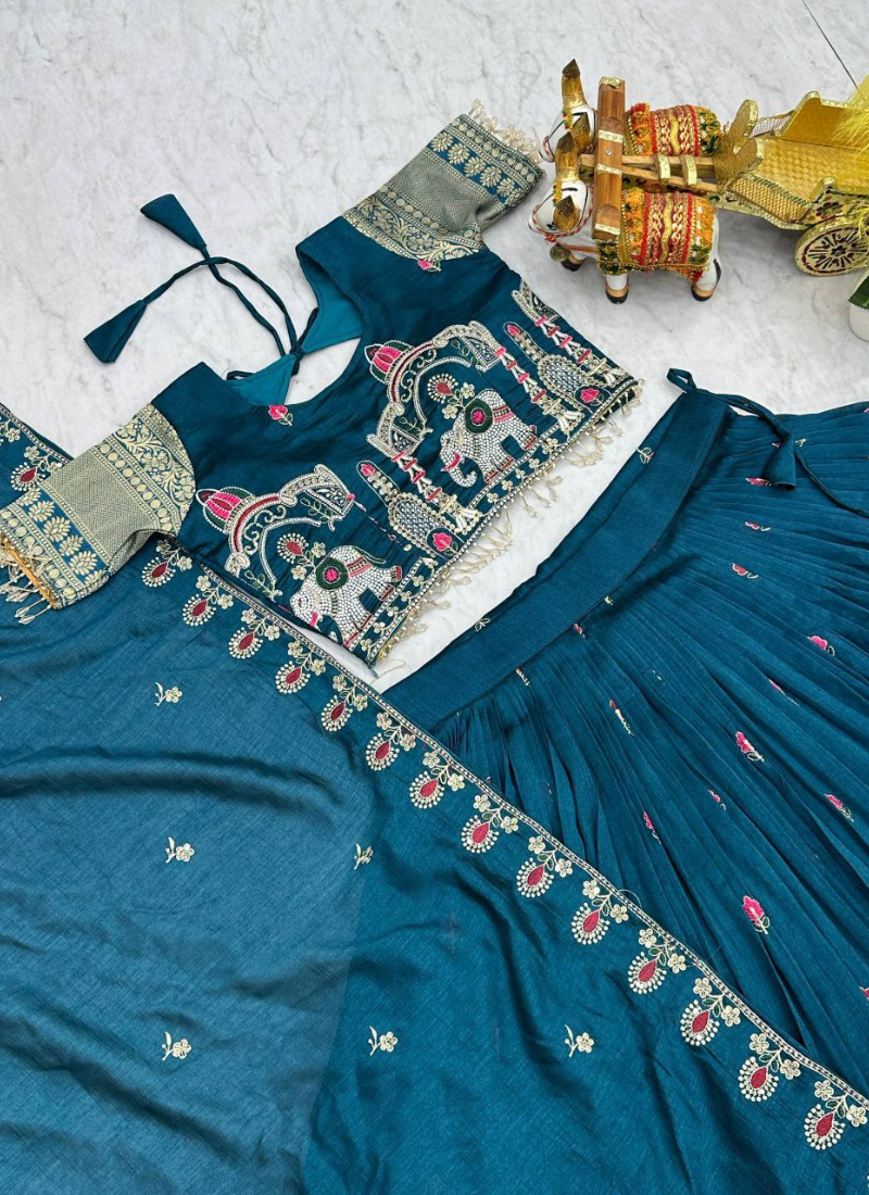 Pure Vichitra Embroidered Lehenga Choli Set