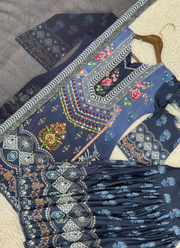 Deep Navy Blue Chinon Silk Sharara Suit with Mirror & Stone Work + Dupatta 6