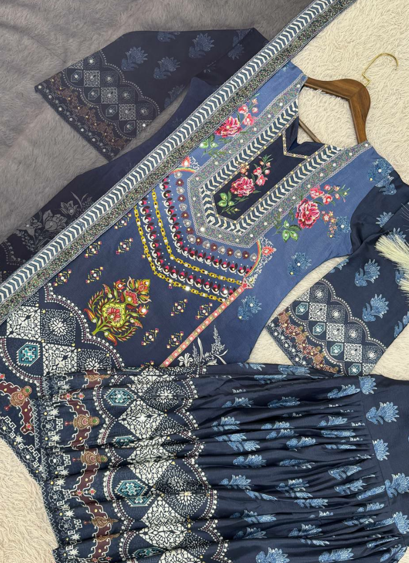 Deep Navy Blue Chinon Silk Sharara Suit with Mirror & Stone Work + Dupatta