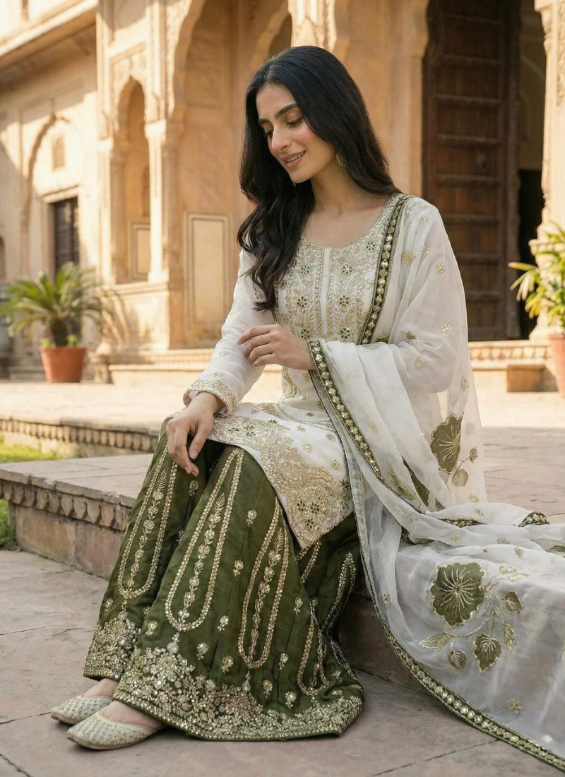 Sharara Suit in GMY Silk with Heavy Embroidery, Sequins Work & Organza Dupatta
