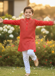 Kids Kurta Pajama – Red Silk Kurta with White Cotton Pyjama 3