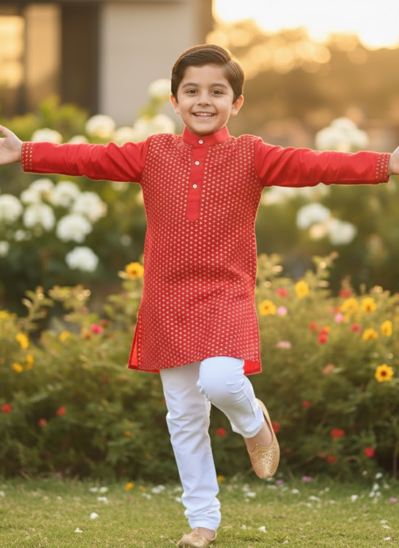 Kids Kurta Pajama – Red Silk Kurta with White Cotton Pyjama