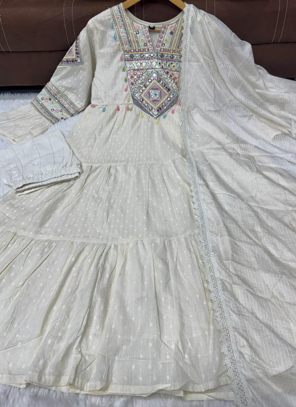 White Anarkali Gown in Flex Butti Cotton with Embroidery + Kota Dupatta
