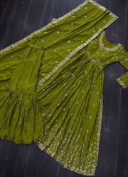Parrot Green Anarkali Gown in Chinon with Sequins Embroidery + Sharara & Dupatta 5