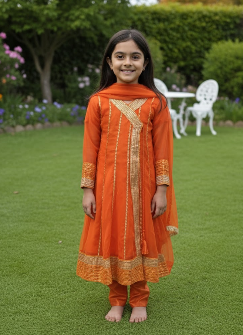 Orange Chiffon Kids Anarkali Dress – Angrakha Style