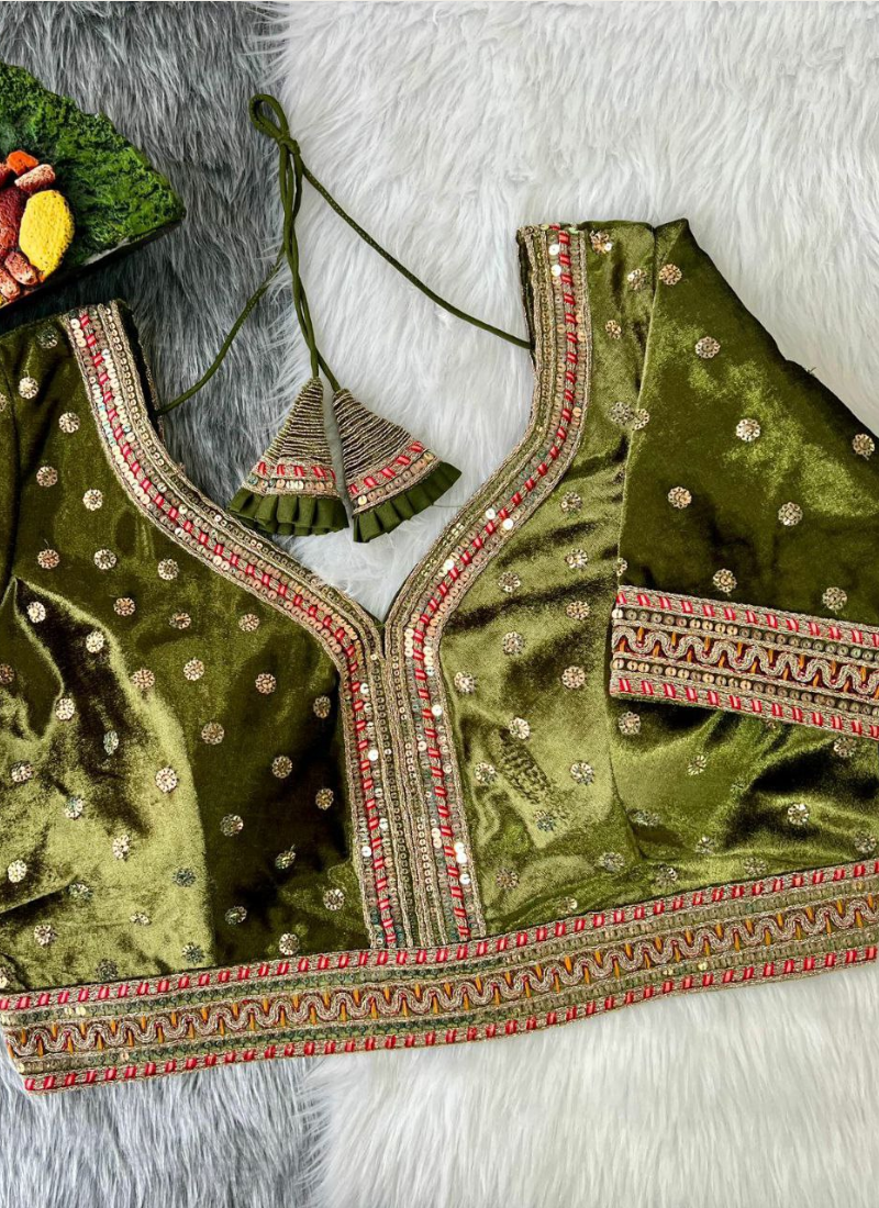 Heavy velvet bridal blouse with glitter sequence embroidery, padded fit, handmade hooks and latkans.