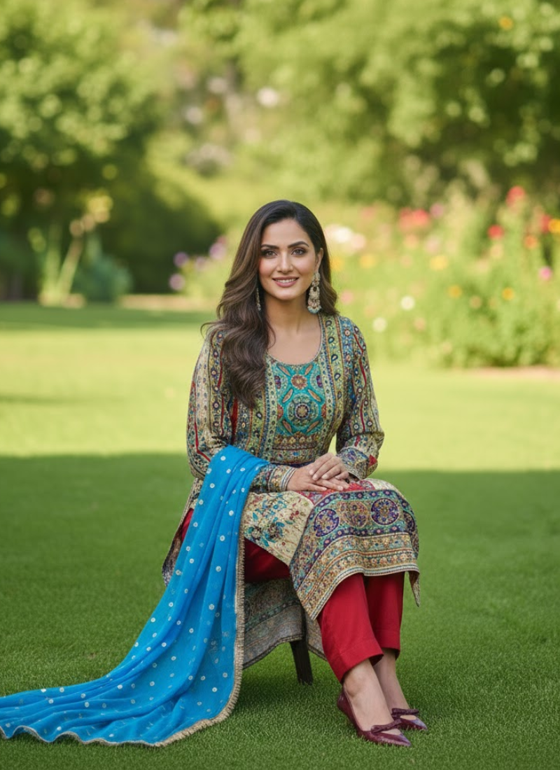 Pakistani Chinnon Salwar Suit with Hand Embroidery