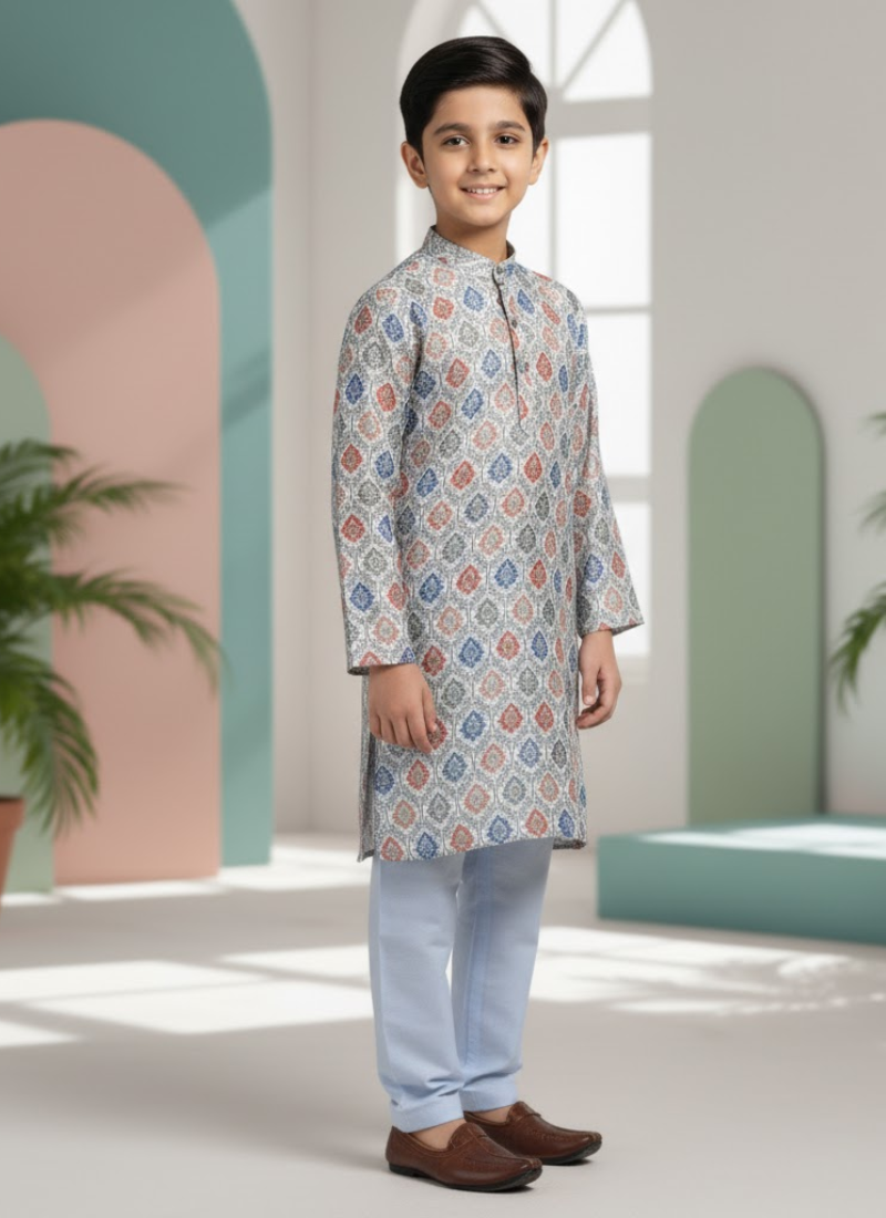 Multicolor Kurta with White Cotton Pyjama – Kids Ethnic Set
