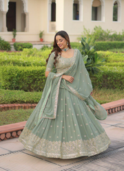 Faux Georgette Lehenga Choli with Sequins & Zari Embroidery + Lace Dupatta 5