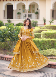 Mustard Yellow Vichitra Silk Lehenga Choli with Heavy Sequins & Zari Embroidery + Dupatta 5