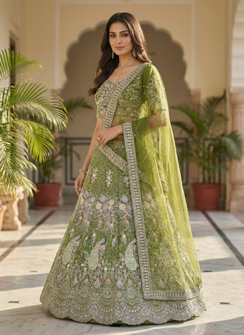 Mehendi Green Butterfly Net Lehenga Choli with Sequins & Coding Embroidery + Dupatta