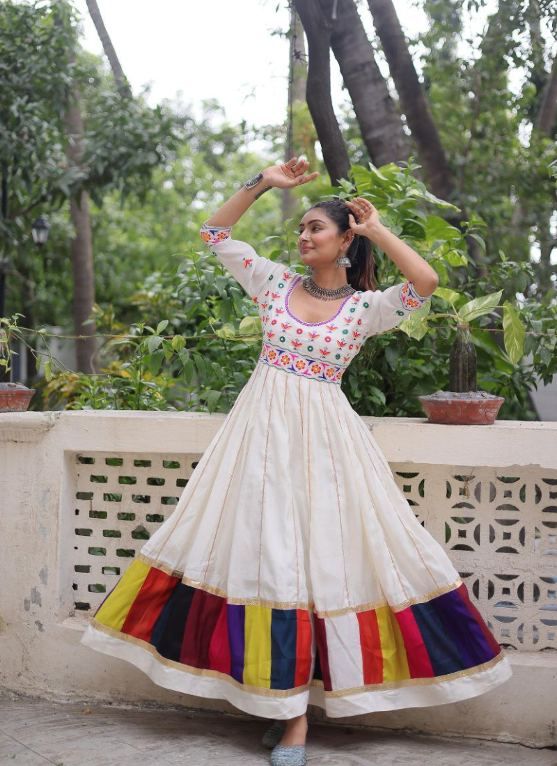 Roman Fabric Anarkali Dress with Multicolour Thread & Gota Lace Work