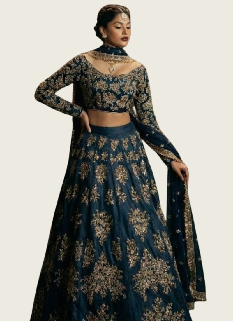 Heavy Chinon Silk Lehenga Choli with Sequins & Zari Embroidery + Lace Dupatta